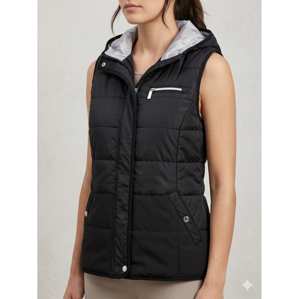 Vince Camuto Black Quilted Puffer Vest Removable Hood Womens Large Full Zip L
